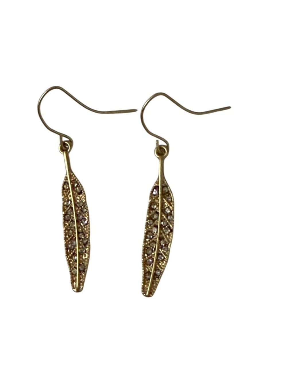 Gold Tone Leaf Dangle Earrings with Rhinestone Accents Delicate Nature Inspired